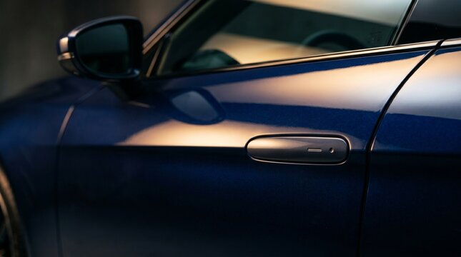 Close up of a sleek dark blue car door with a flush door handle and a reflective side mirror