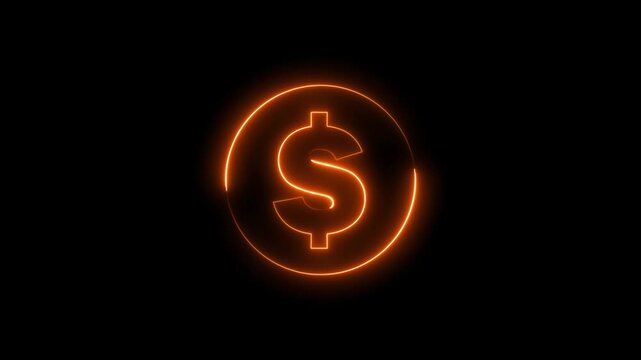Neon dollar sign icon animation glowing orange color us currency finance money bank on black background	