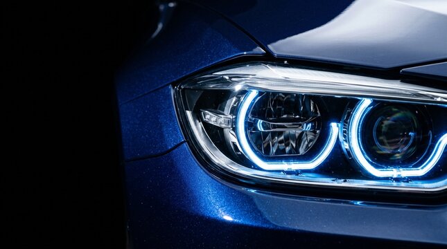 Close up of a modern blue car headlight with bright blue LED daytime running lights against a dark background