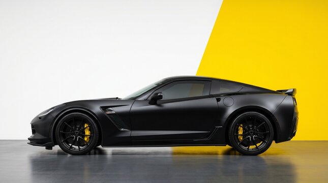 Matte black sports car with yellow brake calipers parked on a reflective surface against a white and yellow background
