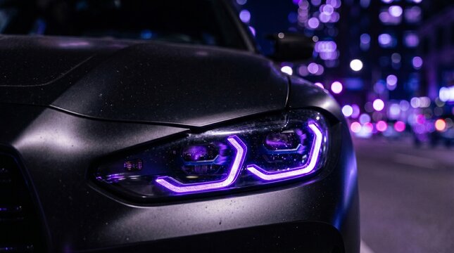 Close up of a modern matte black car headlight with purple LED lights at night in a city with bokeh lights in the background