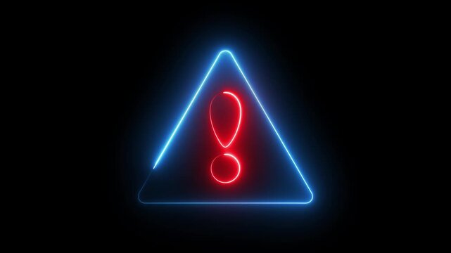 Neon warning attention sign icon animation glowing red and blue color danger error alert risk stop sign emergency sign icon sign symbol on black background