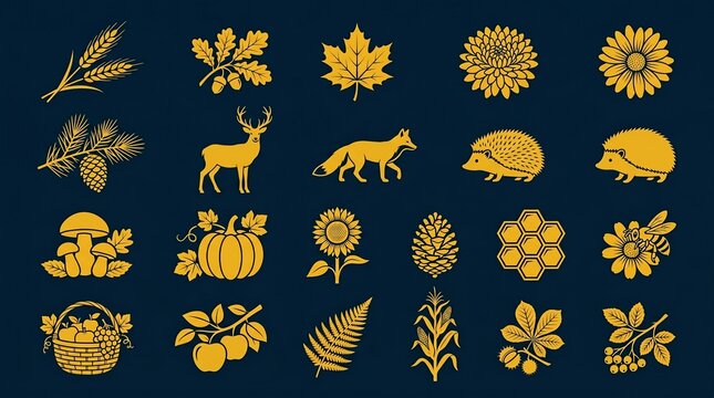 Collection of Autumn Harvest and Woodland Icons Featuring Animals Plants and Fruits on Dark Blue Background