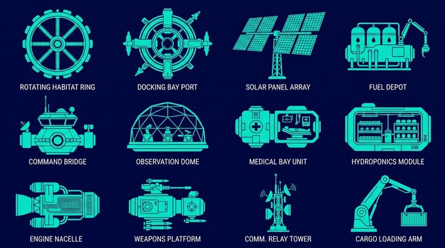 Collection of futuristic space station modules and equipment icons in teal on dark blue background