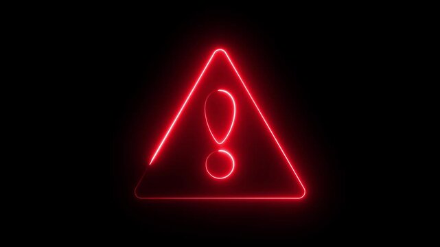 Neon warning attention sign icon animation glowing red color danger error alert risk stop sign emergency sign icon sign symbol on black background