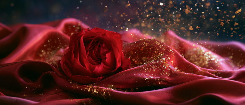 Velvety red rose placed on luxurious satin fabric illuminated by warm glowing bokeh. Romantic composition perfect for anniversaries, romance and celebrations.