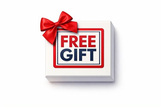 Free gift box with red ribbon and bow on white card
