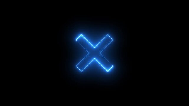 Neon Cross sign icon animation glowing blue color no reject error wrong cancel incorrect negative warning alert icon sign symbol on black background	