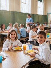 Obraz premium Young students smiling while eating breakfast in school cafeteria with wooden tables