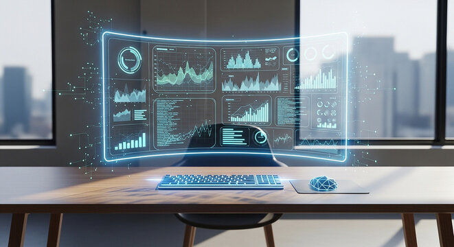 Futuristic digital workspace with a holographic interface displaying financial data and analytics in a modern office setting