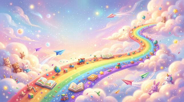 Whimsical pastel sky scene with a glowing rainbow path through clouds, surrounded by toys, books, stars, and paper airplanes, evoking childhood imagination, learning, wonder, and fantasy.
