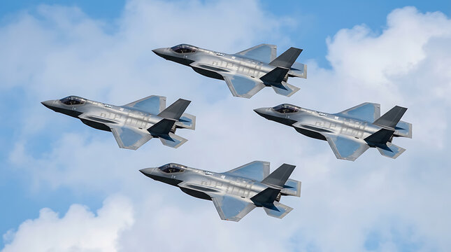 Four modern military stealth fighter jets flying in formation in the blue sky