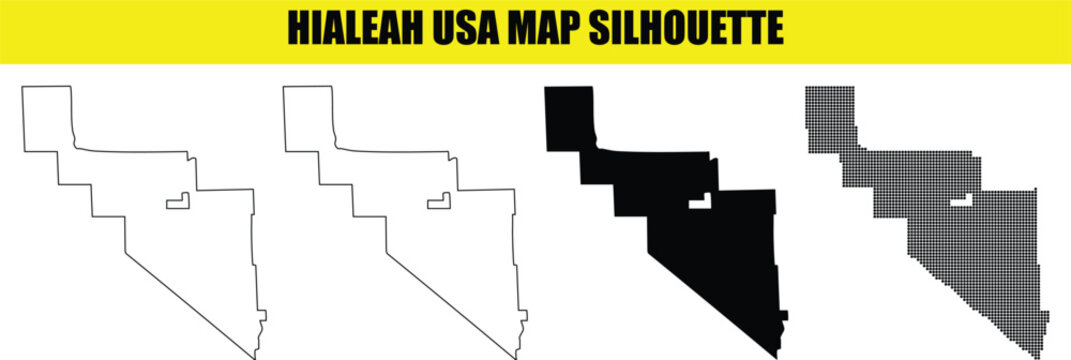 Hialeah florida usa map silhouette collection featuring solid outline and digital dot grid styles for city design.