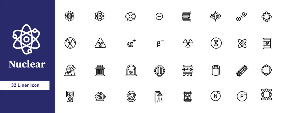 32 Nuclear icon set. Containing Atom, Atom structure, Nuclear cloud, Minus sign, Condenser coil, Nuclear fission, Nuclear fusion, Molecular ring, Radioactive symbol, Radiation warning sign
