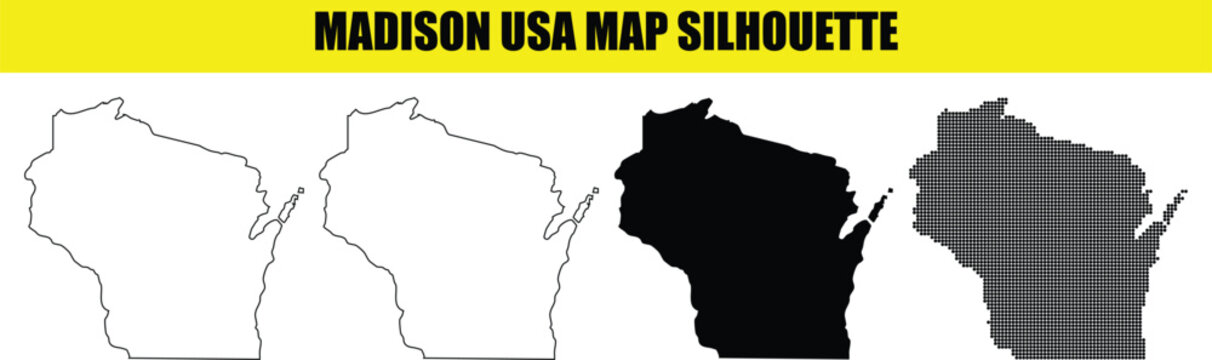 Madison wisconsin usa map silhouette vector graphics including outline and halftone dot styles for city planning.