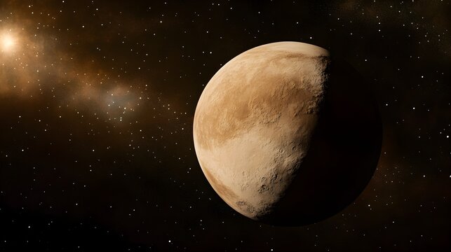 A distant, textured planet with a bright star and nebulae in the background