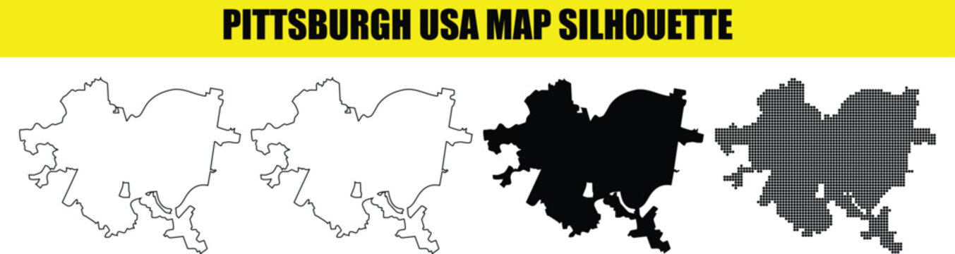 Pittsburgh usa map silhouette showing city borders in flat white outline solid black and digital dot pattern formats.