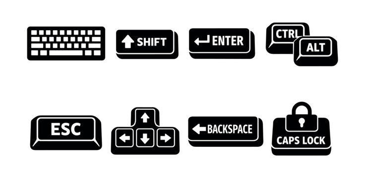 Collection of common computer keyboard shortcut keys and symbols on white background