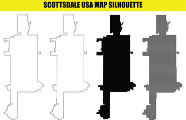 Obraz premium Scottsdale usa map silhouette showing city borders in flat white outline solid black and digital dot pattern formats.