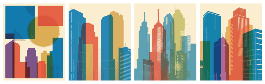 Risograph City Skyline Poster Set with Abstract Colorful Skyscrapers