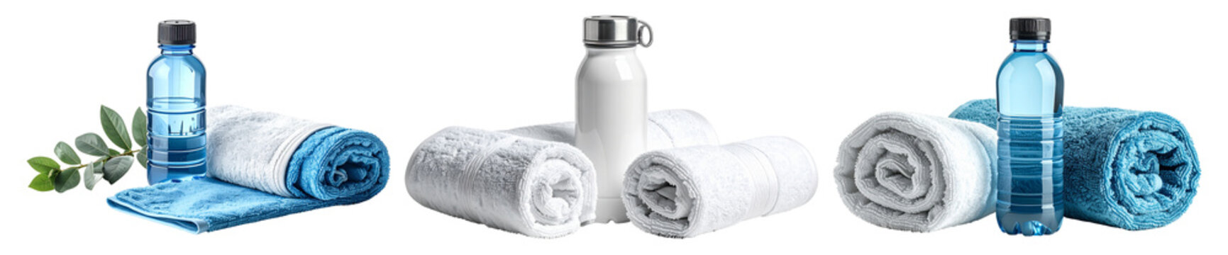 Sports Water Bottle and Rolled Towels Set Isolated on White Background, Fitness and Wellness Concept