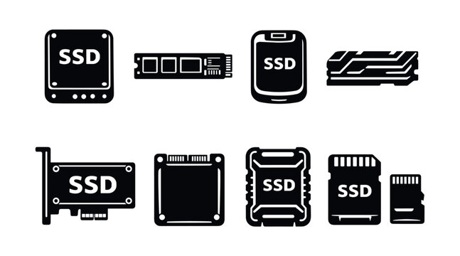 Collection of various solid state drive and memory card icons for digital storage