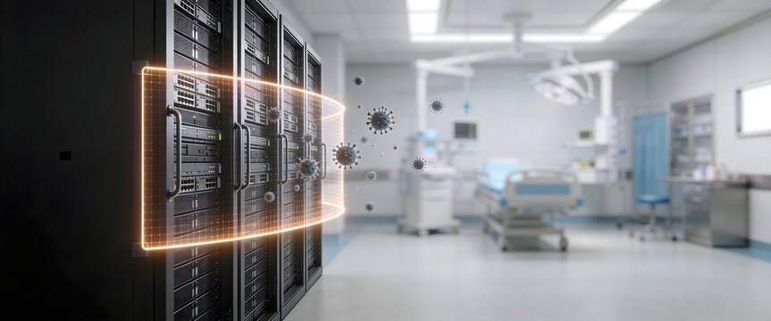 Hospital malware attack prevention system with secure server barrier in clinical room