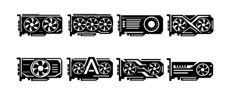 Collection of modern graphics card icons in black and white silhouette