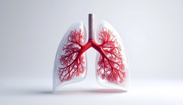 Transparent lungs with branching red vascular network on white background