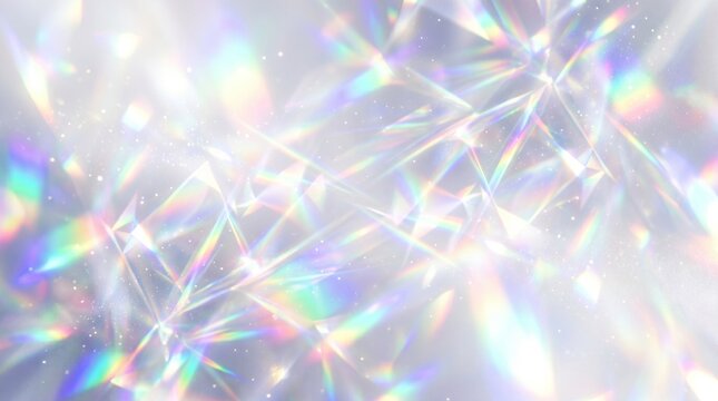 An abstract luxury background featuring a crystal prism effect with bright rainbow light leaks, geometric reflections, and subtle sparkling dust on a soft white surface.