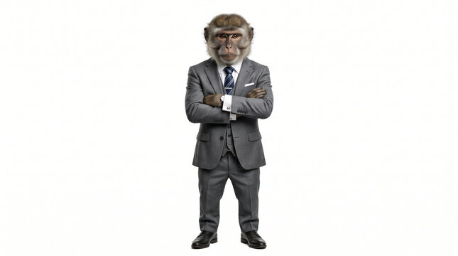 Serious Monkey in Business Suit Standing with Arms Crossed Isolated on White