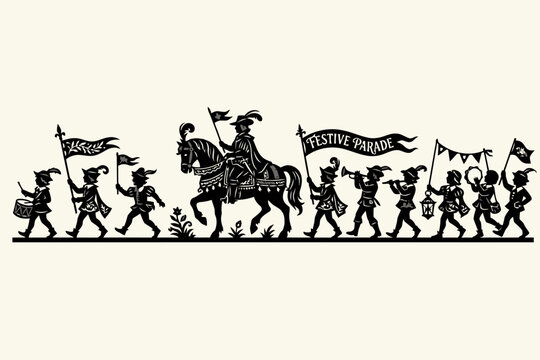 Medieval festive parade silhouette with musicians and horse
