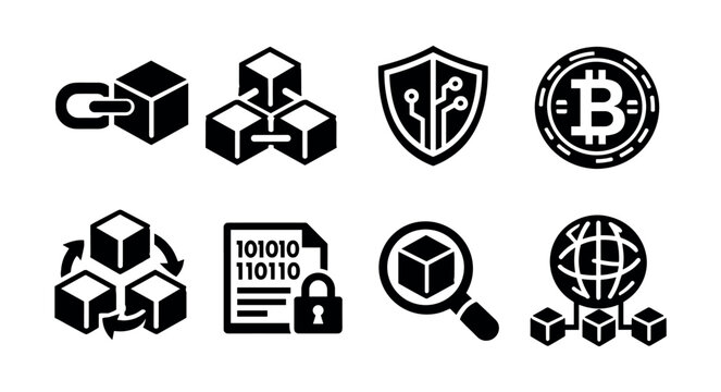 Set of blockchain technology and cryptocurrency icons with cubes and digital elements
