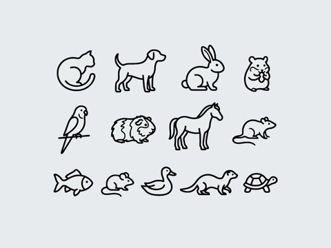 Pet Animal Line Icons Collection on White Background