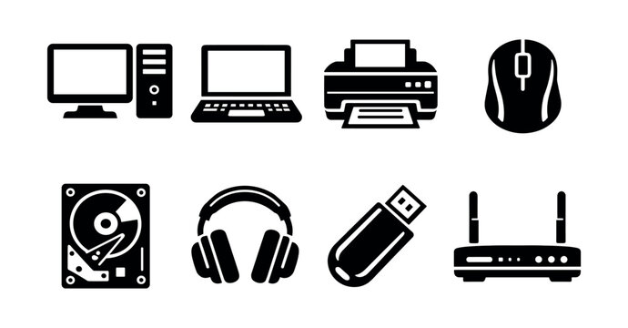 Collection of black computer hardware icons on a white background