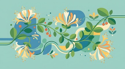Honeysuckle vector floral pattern with blooming flowers and berries