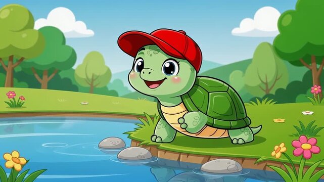 Cheerful turtle with red cap explores colorful pond with green trees, smiling near flower, joyful nature, cartoon scene
