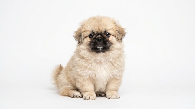 Small fluffy Pekingese puppy with light tan fur sitting on a clean white background, showcasing its round face and playful expression