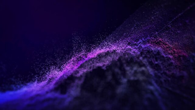 A luminous digital particle overlay in the shape of a dynamic topography or wave. Dominated by a blend of neon purple, sapphire blue, and elegant touches of pink against a contrasting dark background.