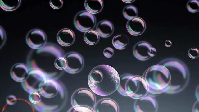 Floating soap bubbles in a dark background, creating a whimsical and playful atmosphere. Ideal for themes of joy, celebration, and childhood memories