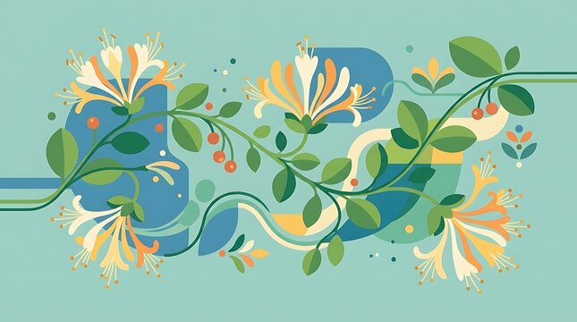 Honeysuckle vector floral pattern with blooming flowers and berries