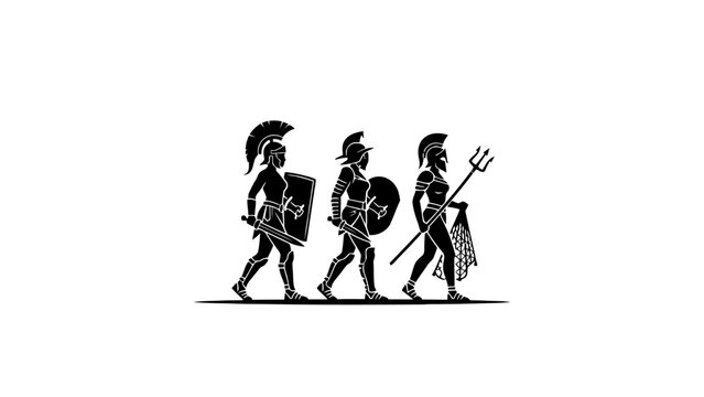 Female Gladiator Silhouettes Walking with Ancient Weapons and Armor