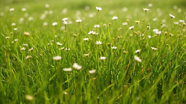 Nature Calm Background Peaceful green grass meadow with wildflower nature during spring summer field outdoors blooming freshness, gentle daisy meadow grass flower bloom spring nature green wildflower
