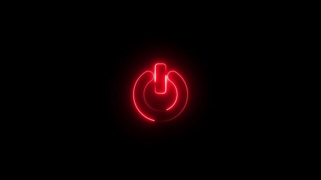 Neon Power button icon animation glowing red  color shutdown switch screen turn on off button computer mobile phone startup stop sign closed icon on black background