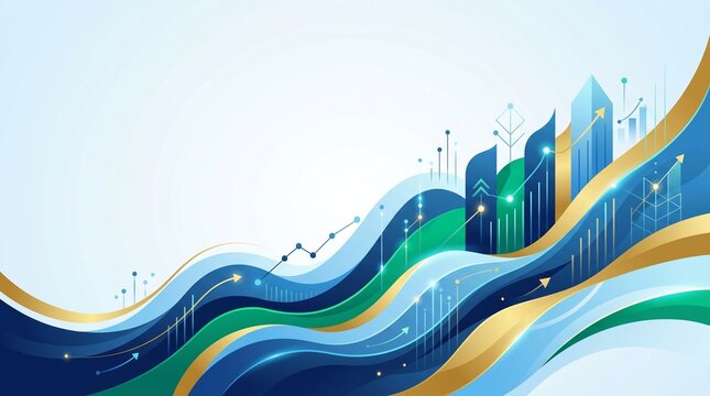 A modern finance-inspired abstract background showcasing upward-trending dynamic waves and graphic line charts integrated with stylized corporate skyscrapers, set against a clean white backdrop with p