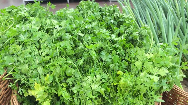 Fresh herbs on a stall at the open-air market
