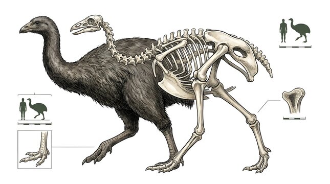 Extinct Moa Bird Skeletal Anatomy and Scientific Reconstruction Illustration