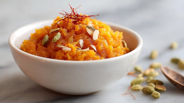 Steaming hot carrot halwa in a white ceramic bowl with saffron strands
