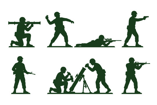 Green toy soldier silhouettes in various combat poses