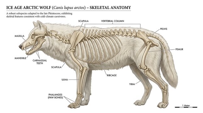 Ice Age Arctic Wolf Skeletal Anatomy Scientific Illustration
